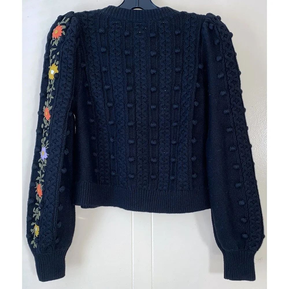 Alice + Olivia Kitty Floral Puff Sleeve Wool Blend Black Cardigan Sweater - Picture 9 of 16
